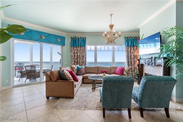 tiled living area featuring a chandelier, ornamental molding, and baseboards