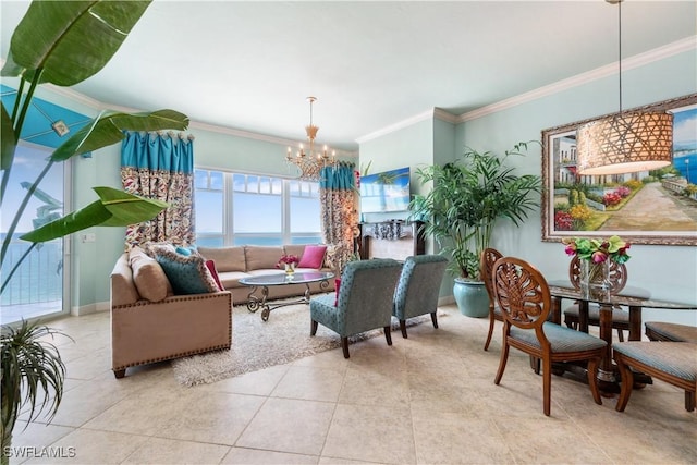 living area with tile patterned flooring, a chandelier, and crown molding