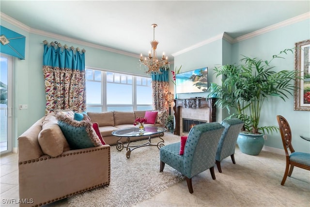 tiled living room featuring a wealth of natural light, crown molding, a lit fireplace, and an inviting chandelier