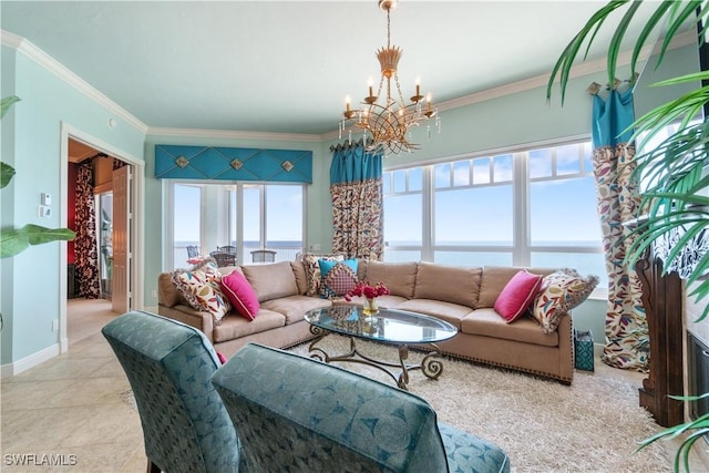 living room with ornamental molding, plenty of natural light, and an inviting chandelier