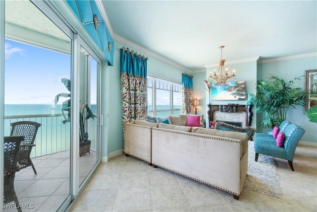 living room with baseboards, a chandelier, and crown molding