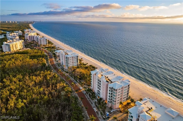 bird's eye view featuring a view of the beach, a water view, and a view of city