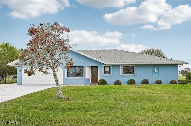 single story home with a garage, a front lawn, concrete driveway, and stucco siding