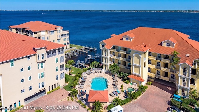 aerial view featuring a water view