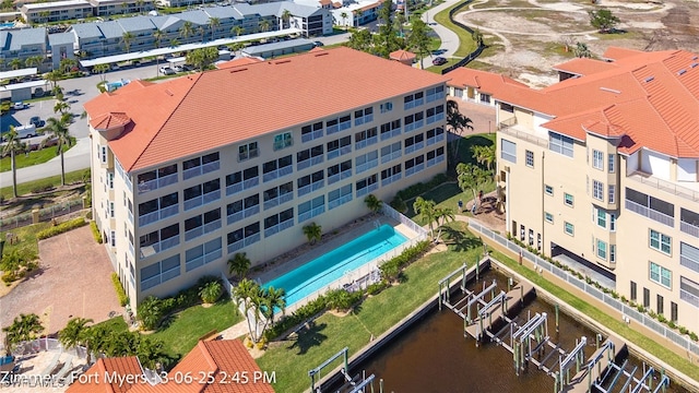 drone / aerial view featuring a water view