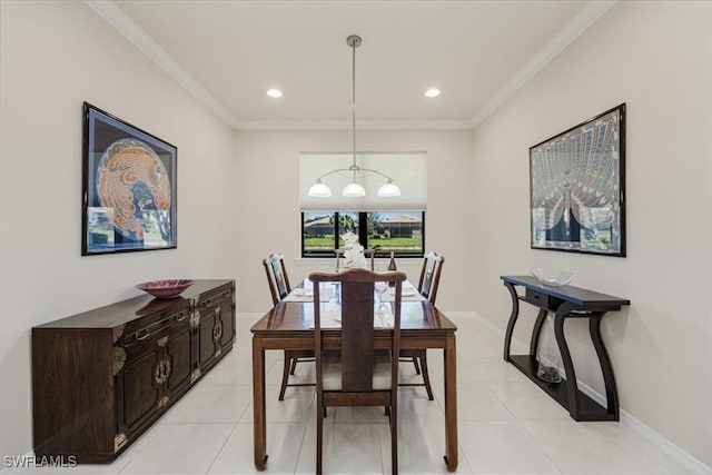 dining area featuring light tile patterned floors, recessed lighting, crown molding, and baseboards