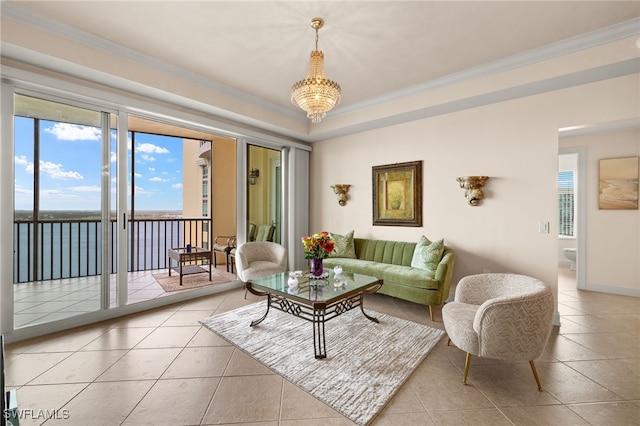 living room featuring a water view, tile patterned flooring, and crown molding