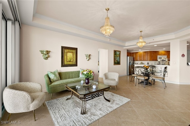living room featuring a tray ceiling, crown molding, and light tile patterned flooring