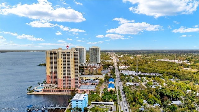 birds eye view of property with a view of city and a water view