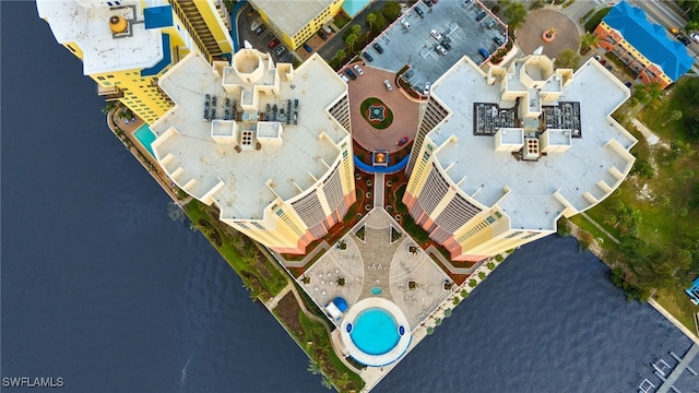 bird's eye view with a water view