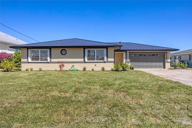 ranch-style home with concrete driveway, brick siding, and a standing seam roof