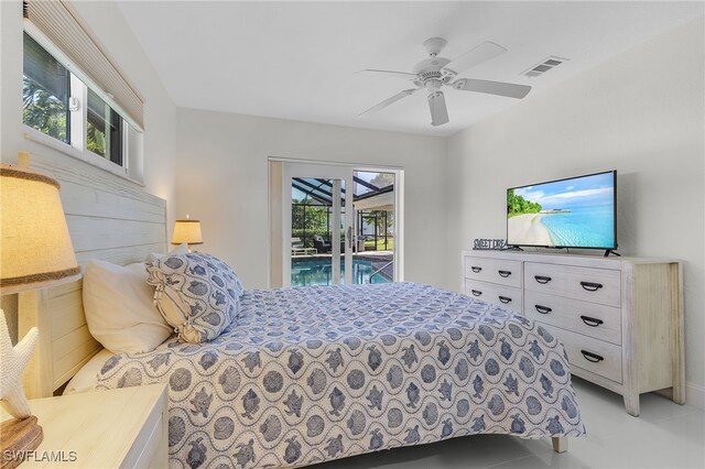 5305 SW 25th Ct, Cape Coral, FL 33914 - bedroom with access to outside, a ceiling fan, and light tile patterned flooring