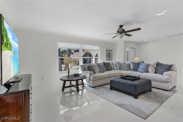 5305 SW 25th Ct, Cape Coral, FL 33914 - tiled living room featuring ornamental molding and a ceiling fan