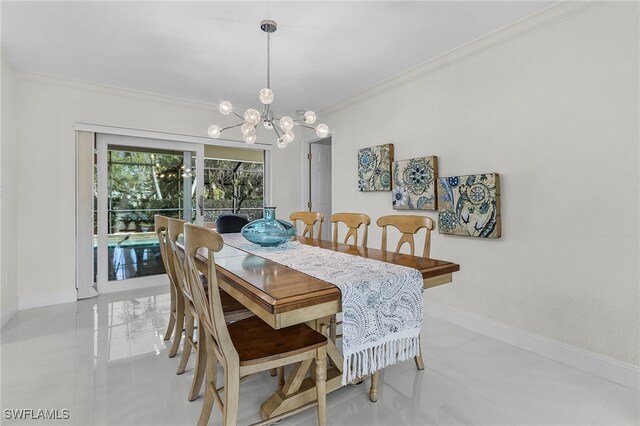 5305 SW 25th Ct, Cape Coral, FL 33914 - dining area with crown molding, a chandelier, baseboards, and light tile patterned floors