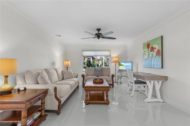 5305 SW 25th Ct, Cape Coral, FL 33914 - living area featuring crown molding, a ceiling fan, baseboards, and tile patterned flooring