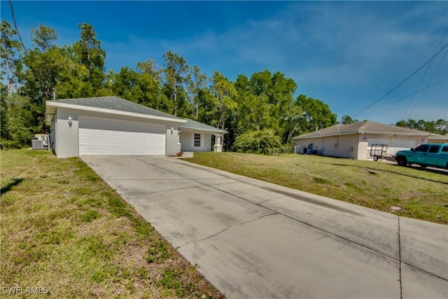 single story home featuring concrete driveway, a front lawn, an attached garage, and stucco siding