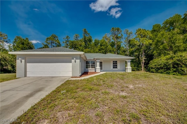 ranch-style house with a garage, concrete driveway, a front lawn, and stucco siding