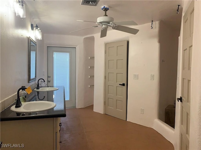 bathroom with visible vents, ceiling fan, and vanity