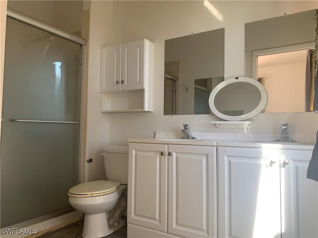 bathroom with a shower stall, toilet, and vanity