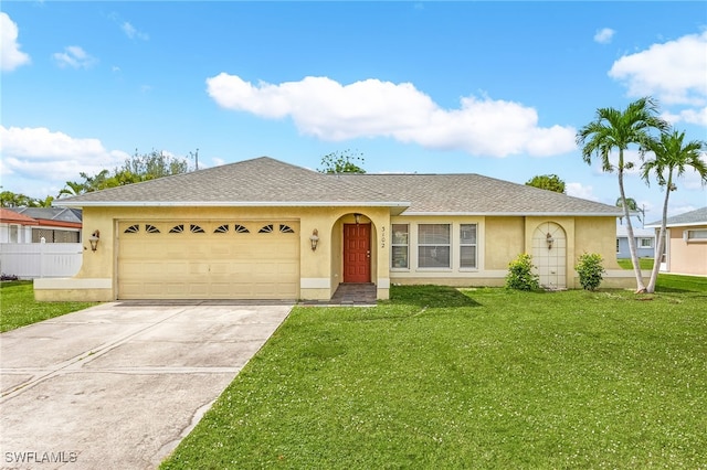 ranch-style home featuring driveway, an attached garage, a front yard, and stucco siding