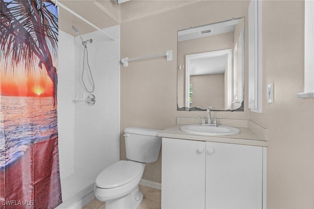 full bath featuring visible vents, tiled shower, toilet, tile patterned floors, and vanity