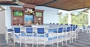 bar with expansive windows, wooden ceiling, and wood finished floors