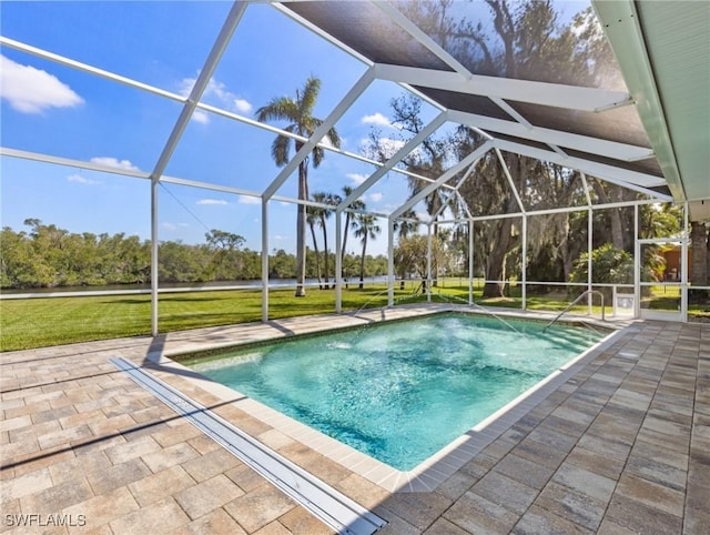 view of pool featuring a lanai and a patio