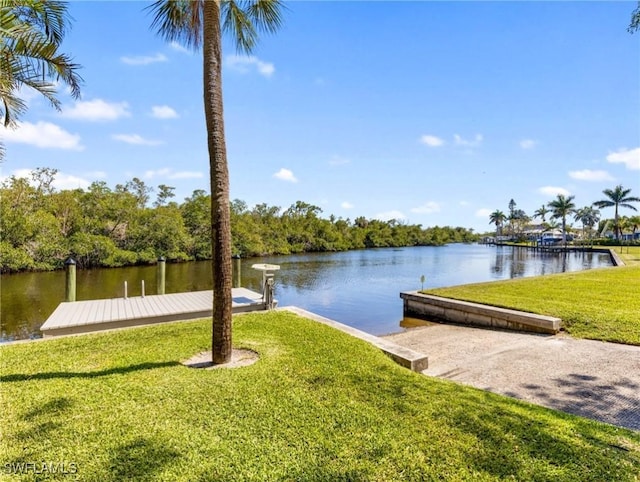 view of dock featuring a water view and a lawn