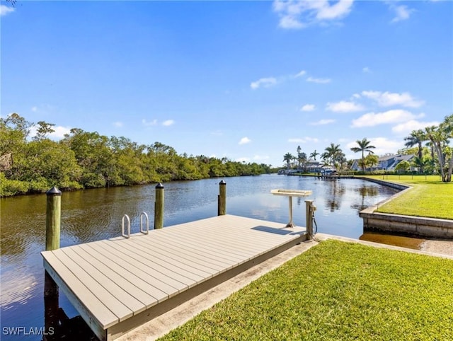 dock area with a water view and a yard