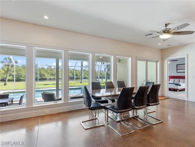 dining room featuring recessed lighting, visible vents, a ceiling fan, concrete flooring, and baseboards