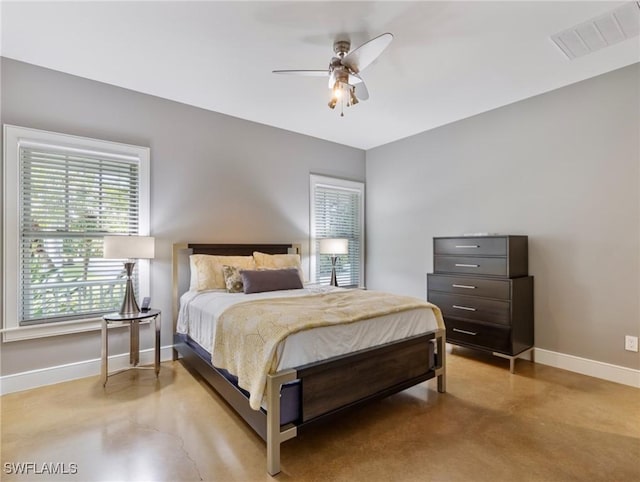 bedroom featuring a ceiling fan, visible vents, concrete floors, and baseboards