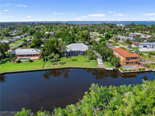 aerial view featuring a water view