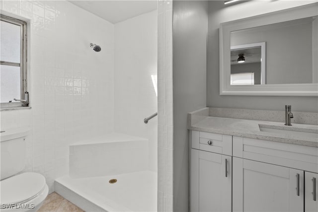 bathroom featuring vanity, a shower stall, and toilet