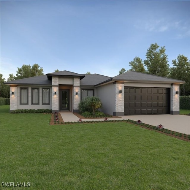 prairie-style house with a front yard, driveway, and an attached garage