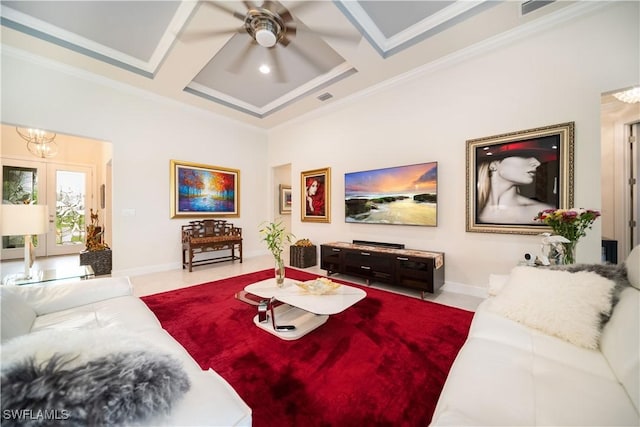 living area with coffered ceiling, crown molding, and visible vents