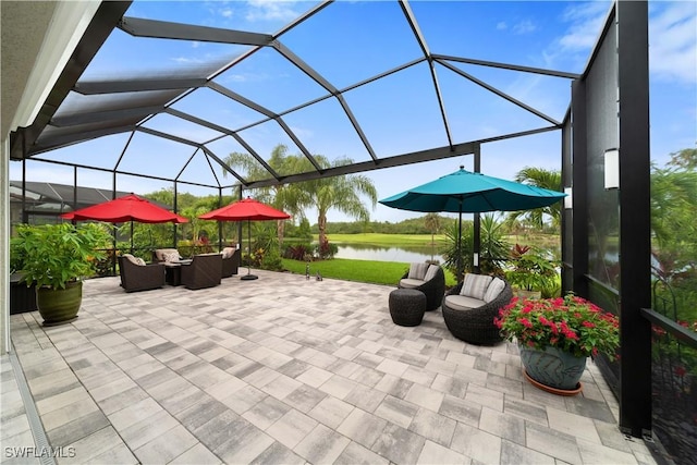 view of patio featuring an outdoor hangout area, a water view, and a lanai