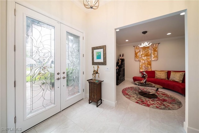 entryway featuring light tile patterned flooring, recessed lighting, baseboards, french doors, and crown molding