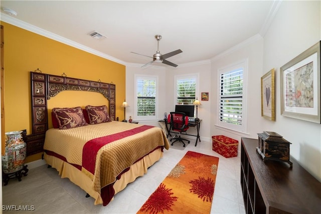 bedroom with ceiling fan, visible vents, baseboards, and ornamental molding