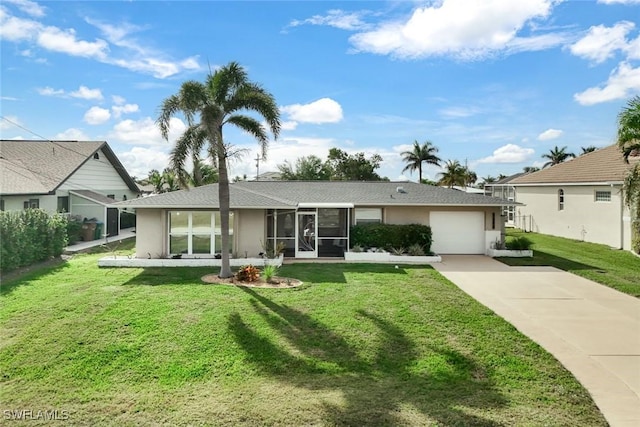 view of front of property with a garage, stucco siding, concrete driveway, and a front yard