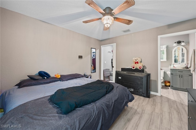 5011 Dania Cir, Labelle, FL 33935 - bedroom featuring light wood finished floors, visible vents, a ceiling fan, ensuite bath, and baseboards