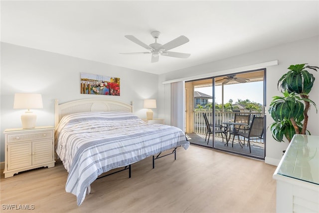 bedroom featuring light wood-type flooring, access to outside, and ceiling fan