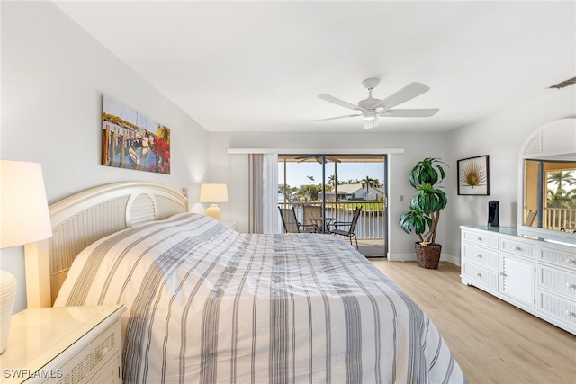 bedroom with visible vents, baseboards, a ceiling fan, access to exterior, and light wood finished floors