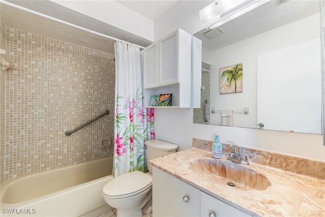 bathroom with visible vents, vanity, shower / bath combo with shower curtain, and toilet