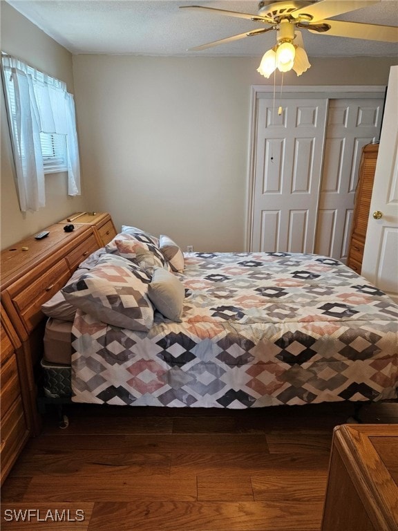 bedroom with a ceiling fan, wood finished floors, and a closet