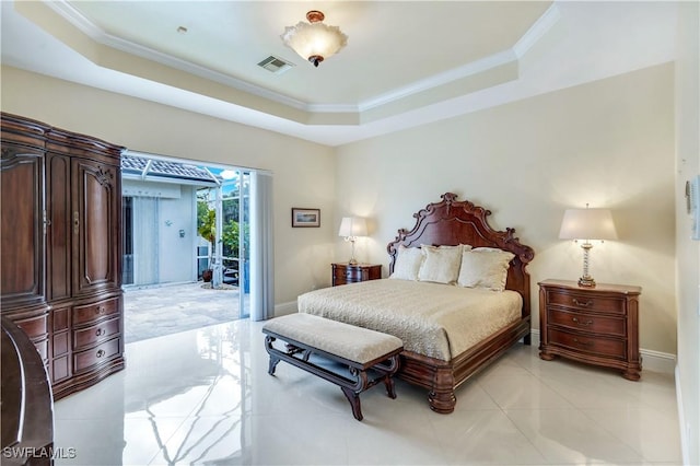 bedroom with a tray ceiling, visible vents, ornamental molding, access to outside, and baseboards