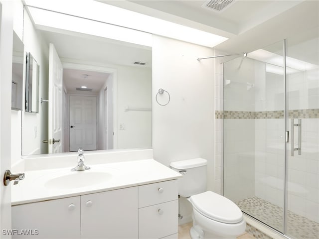 full bathroom featuring toilet, a stall shower, vanity, and visible vents