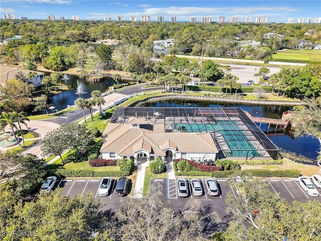 bird's eye view with a water view