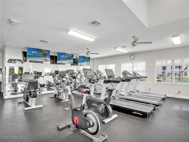 workout area featuring baseboards, visible vents, and a ceiling fan