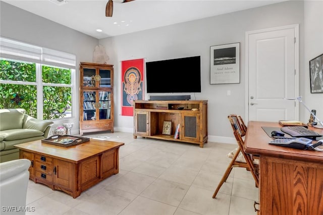 28589 Wharton Dr, Bonita Springs, FL 34135 - living room with visible vents, baseboards, a ceiling fan, light tile patterned flooring, and recessed lighting
