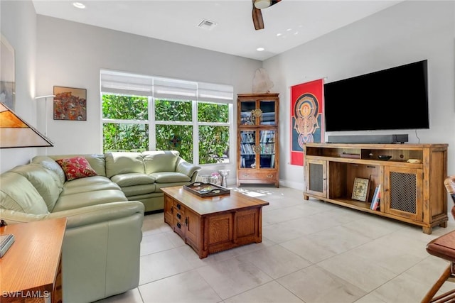 28589 Wharton Dr, Bonita Springs, FL 34135 - living area with visible vents, light tile patterned floors, a ceiling fan, and recessed lighting